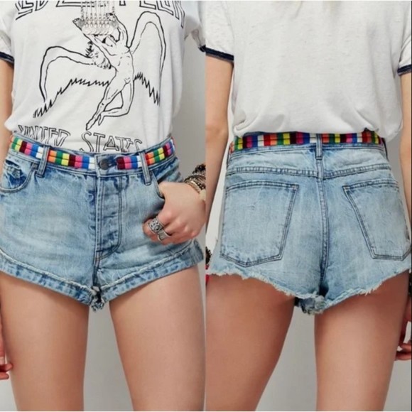 FREE PEOPLE Jean Shorts High Rise Cut Off Multi Colored Waist Detail Shorts - Picture 1 of 7